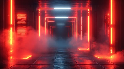 Futuristic cyberpunk cityscape featuring neon lights and dense fog during nighttime exploration
