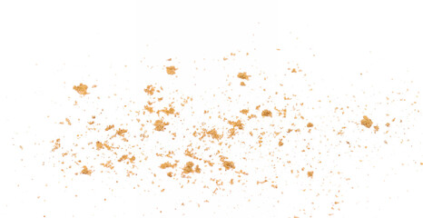 Milled coriander powder scattered, isolated on white, top view