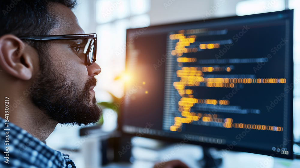 Poster focused programmer at work in bright office space