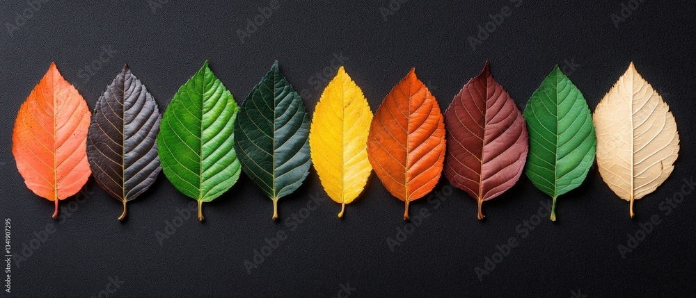 Poster a stunning array of colorful leaves displaying seasonal changes on a dark background for natural bea