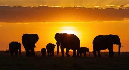 Fototapeta premium Silhouetted elephants walking against a vibrant sunset backdrop
