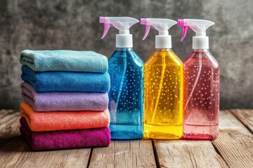 Colorful cleaning supplies neatly arranged on a wooden table
