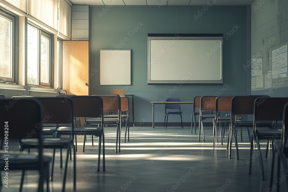 Poster empty classroom with chairs arranged in rows bathed in light from large windows