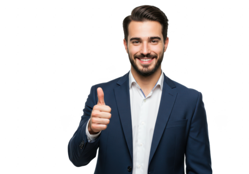 Studio shot of a handsome sales business man smiling and thumbs up isolated on White background