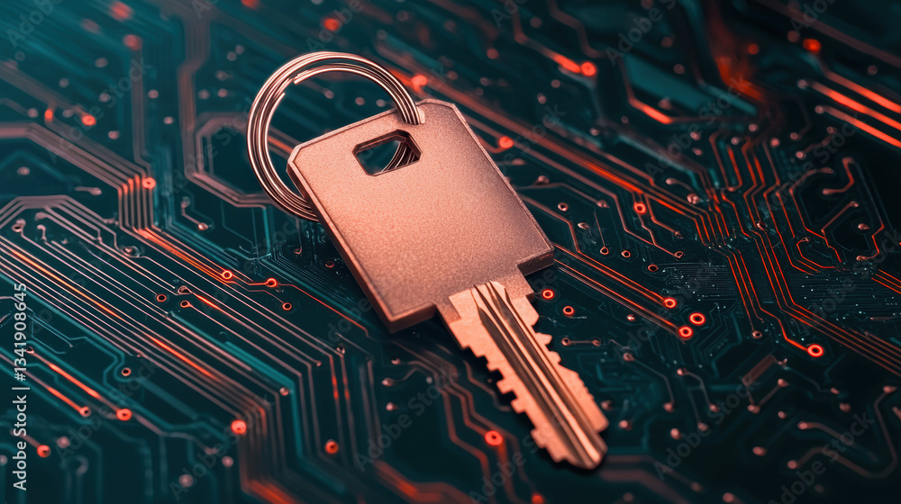 Poster digital lock and key resting circuit board, symbolizing security and technology. image conveys sense