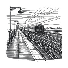 Black and White Woodcut of Train Station with Arriving Train