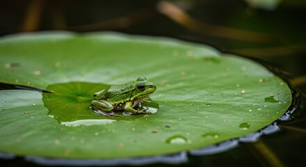Fototapeta premium Green frog resting on a lily pad in a serene pond surrounded by nature