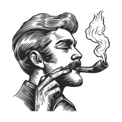 Vintage Woodcut Illustration of Man Smoking Pipe with Smoke