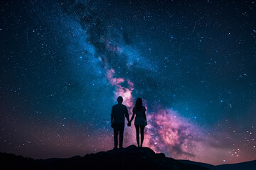 Fototapeta premium Romantic couple stargazing under vibrant Milky Way galaxy in a beautiful night sky.