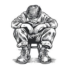Emotional Woodcut Illustration of a Young Boy Sitting Alone
