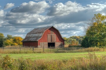 Obraz premium Rustic red barn surrounded by fields and trees under a vibrant sky at dusk