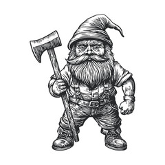 Obraz premium Detailed Woodcut Illustration of a Bearded Gnome with Axe