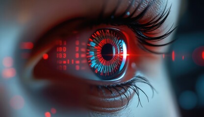 Close-Up of Human Eye with Digital Interface and Red Glows