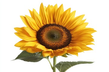 Obraz premium A single vibrant sunflower with its leaves on white background