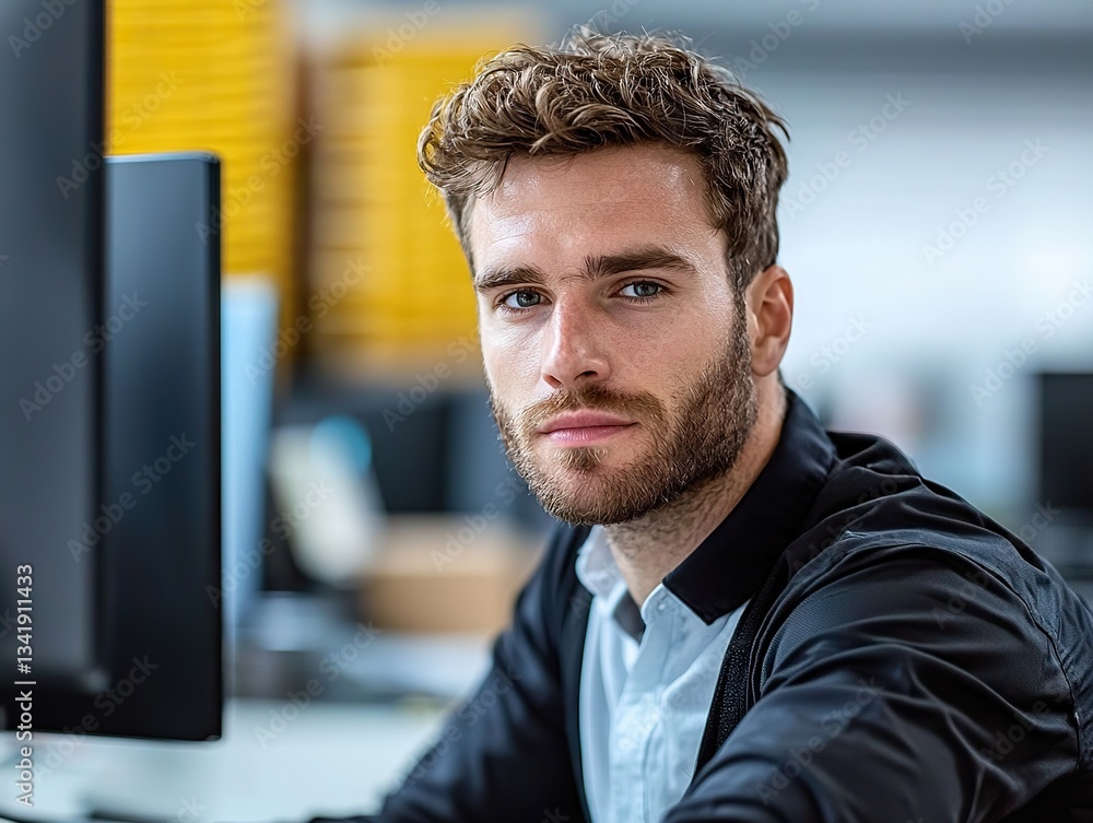 Poster focused professional man working in modern office environment computer desk portrait view business c