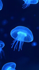 Glowing jellyfish gracefully swimming in a dark ocean, creating a serene underwater scene