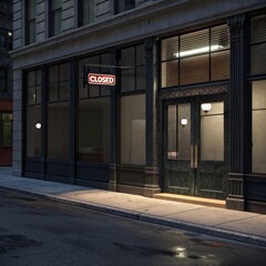 Obraz premium A closed storefront with a glowing 