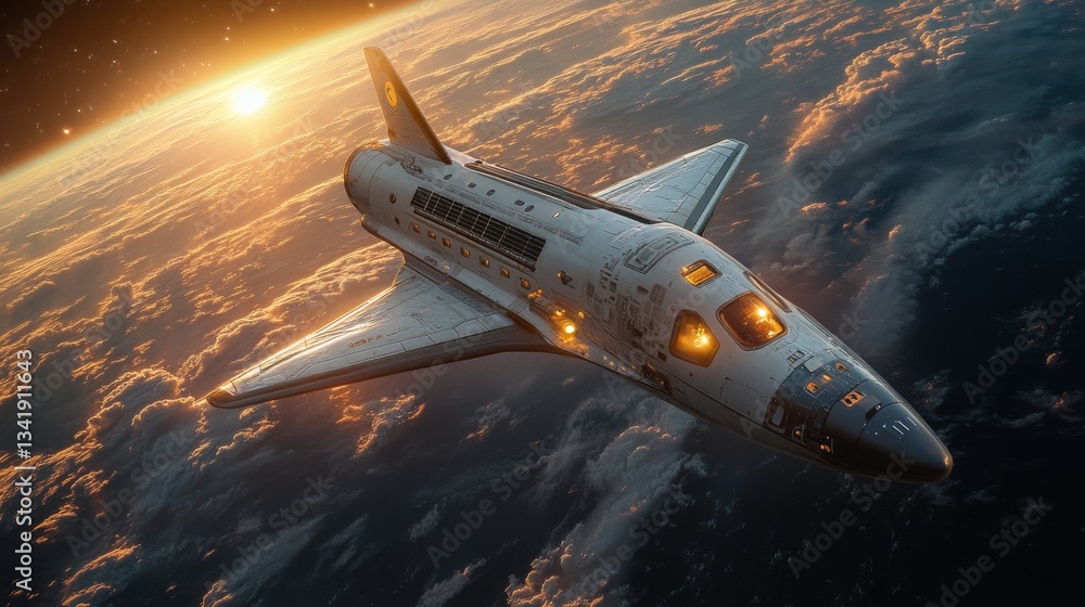 Poster a spaceplane is soaring through the atmosphere, engaged in hypersonic flight as the sun rises, casti