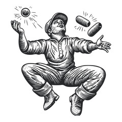 Vintage Woodcut Illustration of Juggler in Dynamic Pose