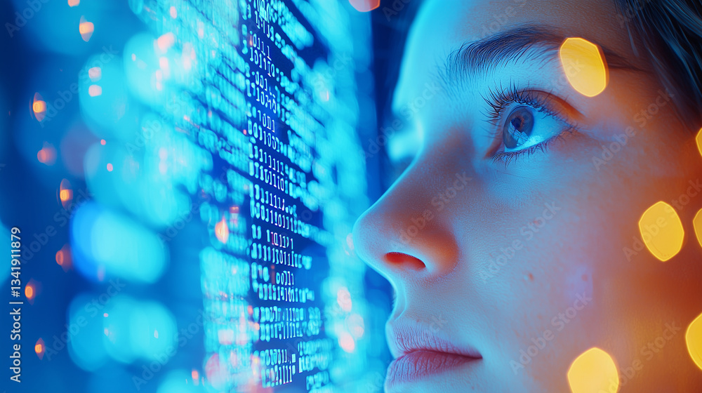 Poster futuristic programmer working with hologram in dim office lighting