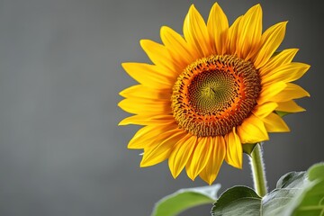 Obraz premium A Bright Yellow Sunflower Blooming Against A Gray Background