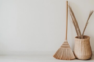 Dustpan and broom positioned against a clean white wall Generative AI