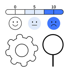 Rating bar for satisfaction with happy faces, cogwheel for processes, magnifying glass for review. Ideal for feedback, survey, customer experience, performance review, quality check, service