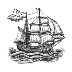 Vintage Woodcut Style Sailing Ship with Billowing Sails and Waves