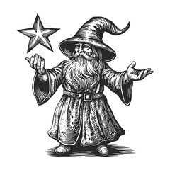 Fototapeta premium Wizard with Star in Hand, Vintage Woodcut Style Illustration