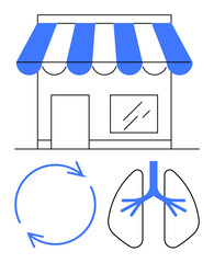Shopfront under awning, lungs illustration, arrows forming a cycle. Ideal for sustainability, eco-friendly business, health, wellness, environmental awareness, recycling concepts flat simple