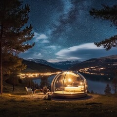 Luxury camping tent resort getaway. Glamping pod surrounded by nature under a starry sky.