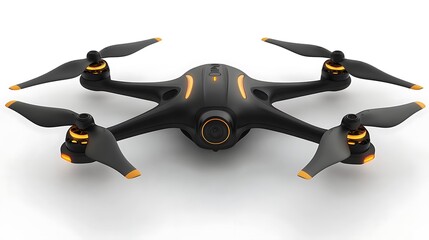 Black drone with orange propellers on white background.
