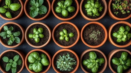Overhead view of various herbs in terracotta pots arranged in a grid pattern