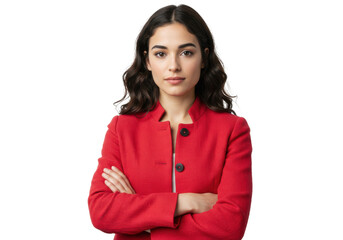 Portrait of a woman in a red jacket with arms crossed against isolated on White background