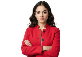 Portrait of a woman in a red jacket with arms crossed against isolated on White background