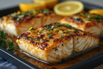 Grilled Fish Fillets With Zesty Citrus Glaze Served on a White Plate Garnished With Fresh Herbs and Lemon Slices During a Summer Gathering