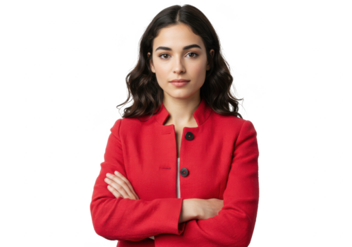 Portrait of a woman in a red jacket with arms crossed against isolated on White background - Powered by Adobe