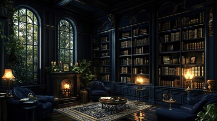 Dark Academia Library Interior Cozy Fireplace and Bookshelves