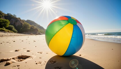 Obraz premium Colorful beach ball resting on sandy shore under bright sunlight, summer fun