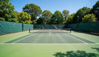Vibrant green tennis court under clear blue sky, outdoor recreation