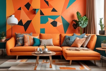 Modern orange sectional sofa in colorful living room