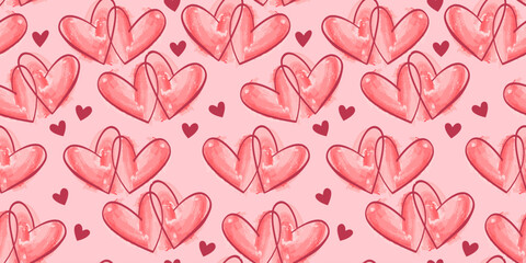 Seamless pattern of pink watercolor hearts outlines. Festive romantic background. Wedding, birthday, Valentine's Day. Symbol of love
