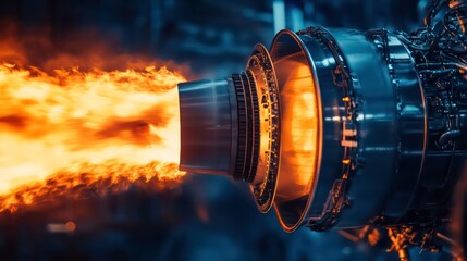 Obraz premium A jet engine nozzle emitting a vibrant, fiery exhaust, showcasing the power and engineering behind modern aviation technology.