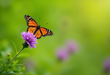 Monarch Butterfly on Purple Flower in Lush Green Garden Nature Scene