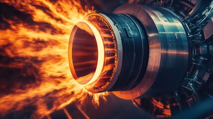 A jet engine nozzle emitting a vibrant, fiery exhaust, showcasing the power and engineering behind modern aviation technology.