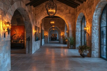 Obraz premium Luxurious Stone Hallway with Archways and Chandeliers