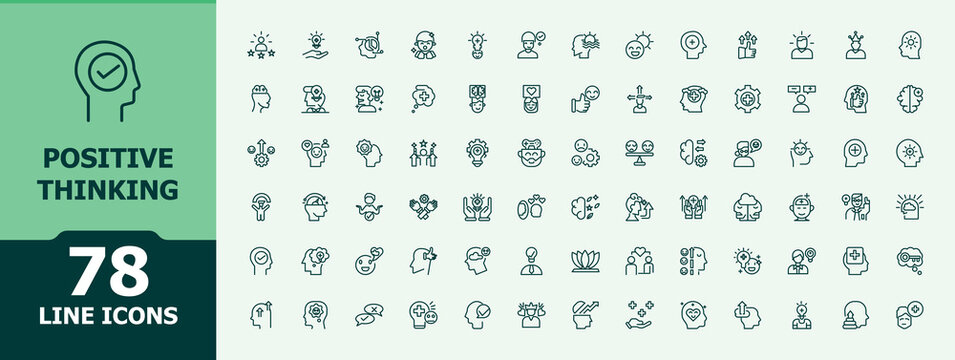 Set of Positive Thinking line icon. Pack of empathy, brain, happiness, gratitude, psychology and more. Minimalist editable stroke. Think linear icon collection. Vector illustration.