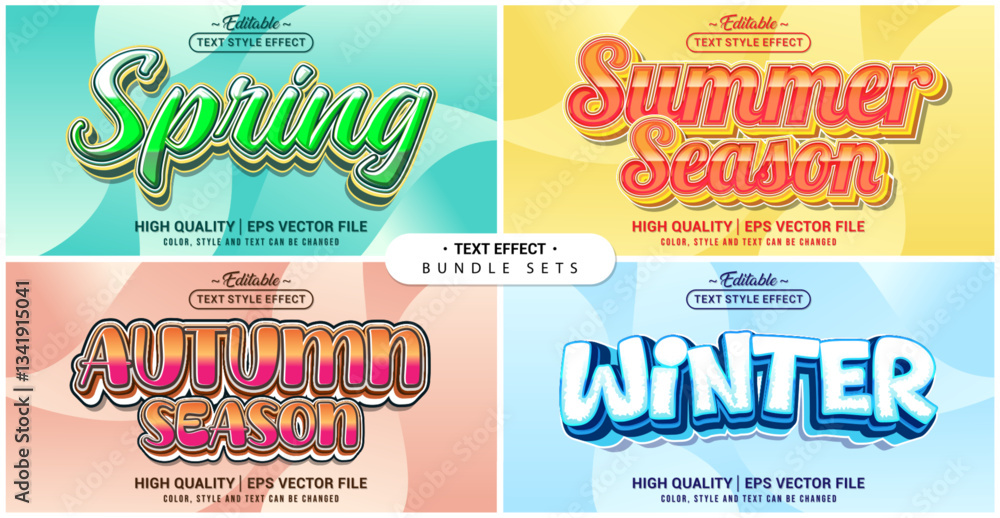 Poster Text style effect bundle set. Spring, Summer, Autumn, Winter theme set. Vector editable file format.