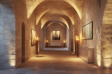Obraz premium Serene Stone Corridor with Modern Art and Ambient Lighting