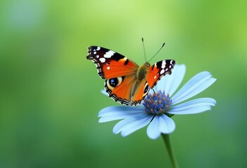 Beautiful Painted Lady Butterfly on a Delicate Blue Flower in a Vibrant Green Garden
